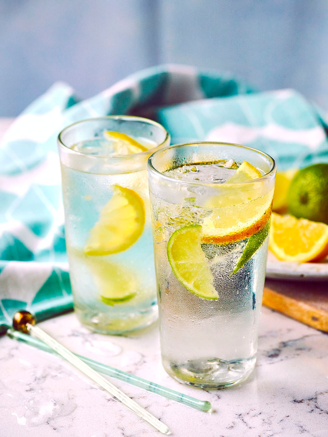 Citrus Flavoured Gin served in an cool glass of tonic and fresh lemon and lime wedges.  London Food & Drinks Photographer
