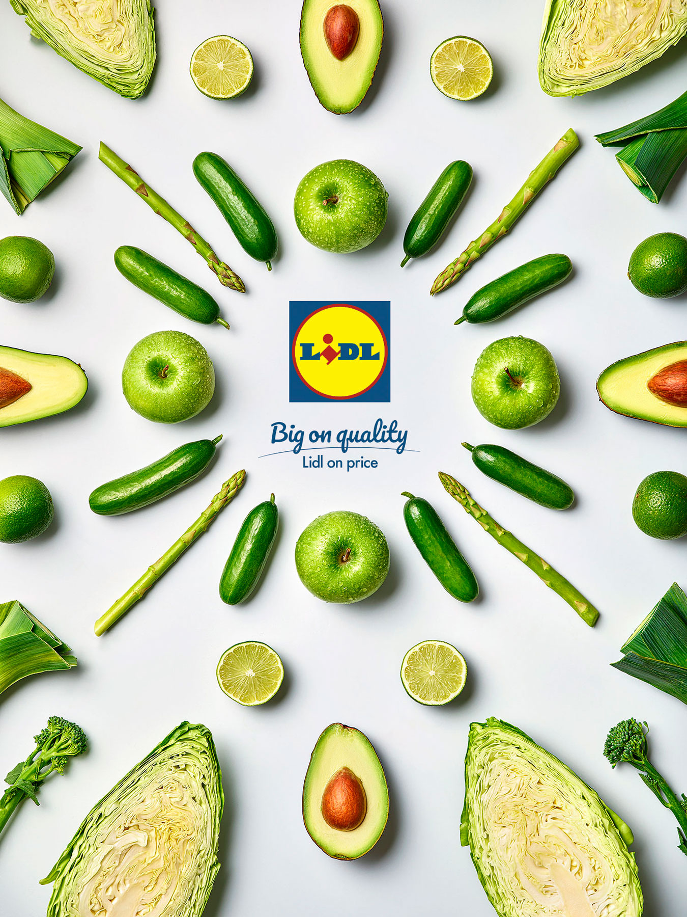 Green fruit and vegetables graphically arranged with Lidl logo in the middle - London Food & Drinks Photographer