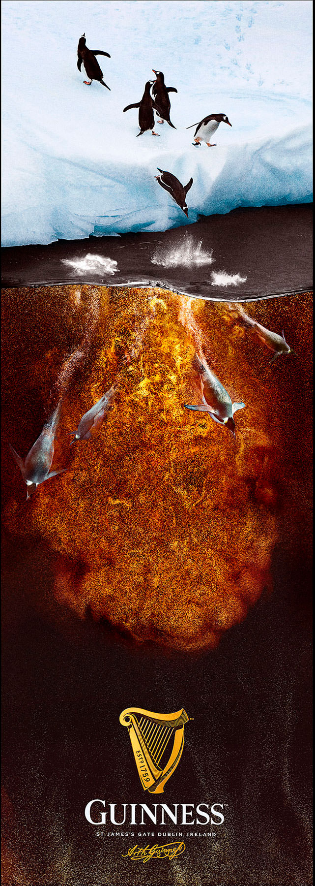 Guinness  advert showing the head of Guinness as an iceberg and penguins diving into a sea made of Guinness   - London Food & Drinks Photographer