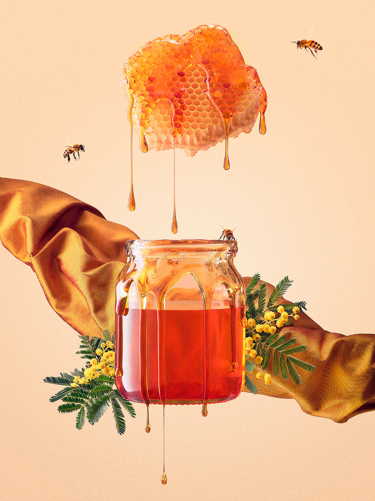 Honey comb dripping honey into a jar with bees flying around - honey photography