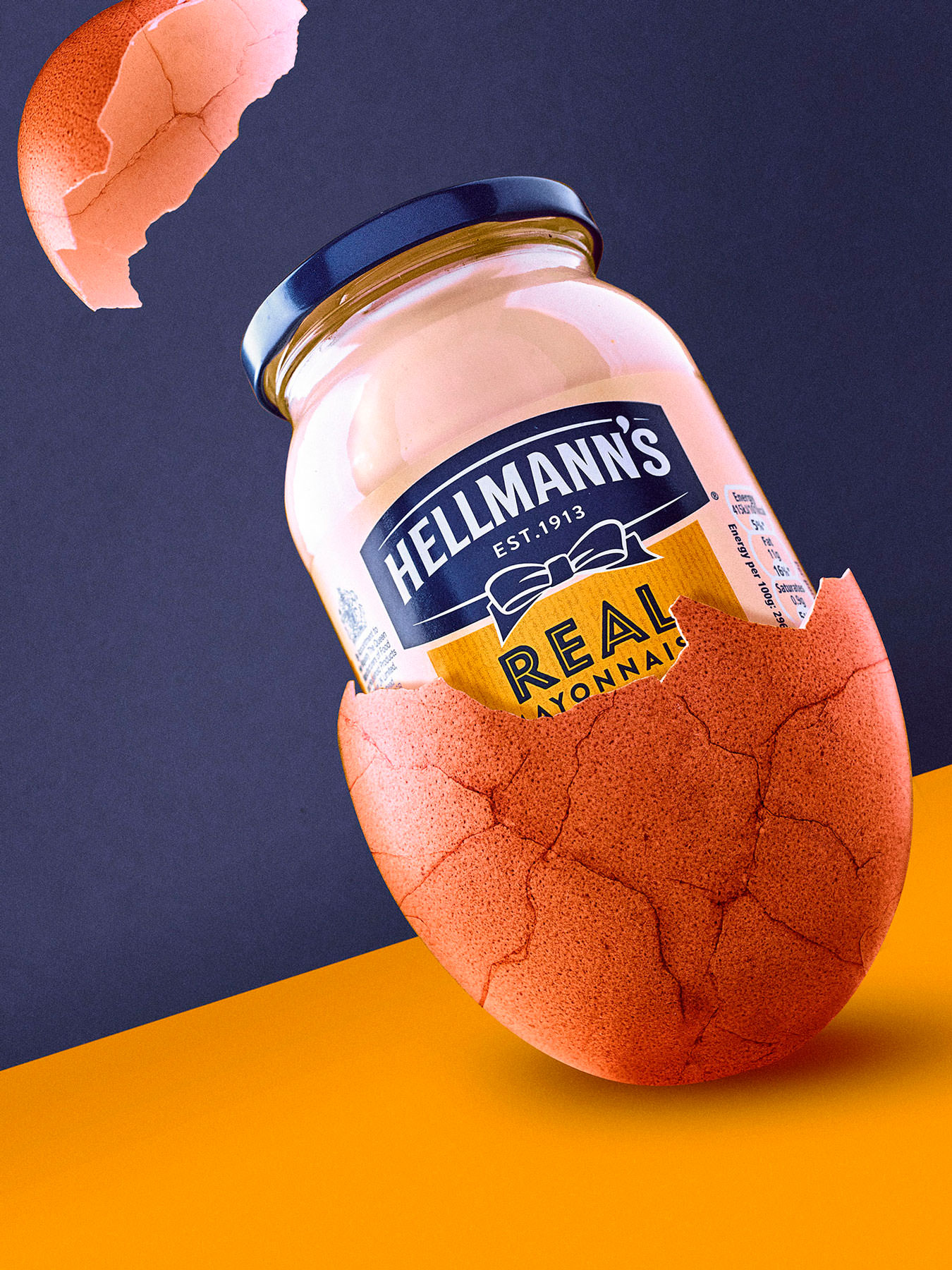 Jar of Hellmanns Mayonnaise  cracking out of an eggshell - London Food & Drinks Photographer