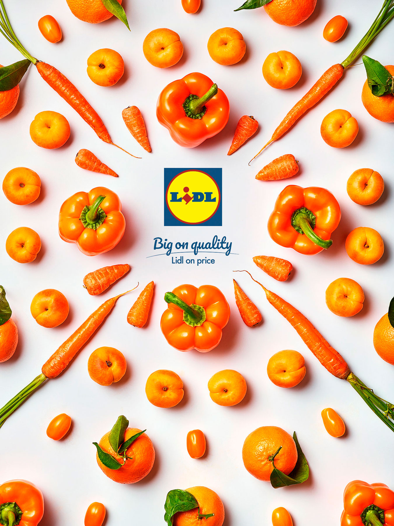 Orange fruit and vegetables arranged graphically around a central lidl logo - London Food & Drinks Photographer