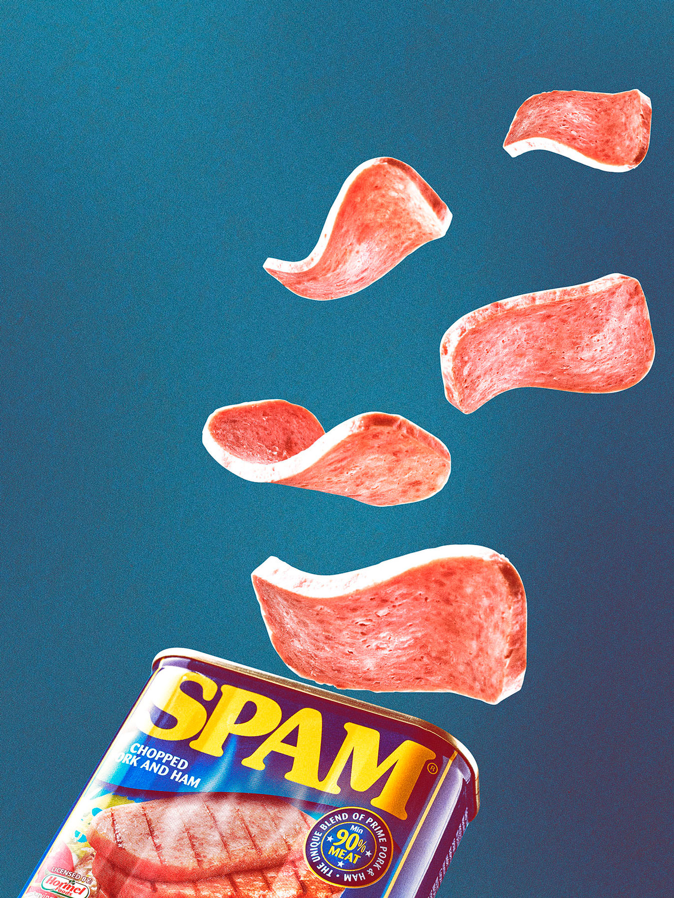 Slices of spam flying out of a spam can on a blue background - London Food & Drinks Photographer