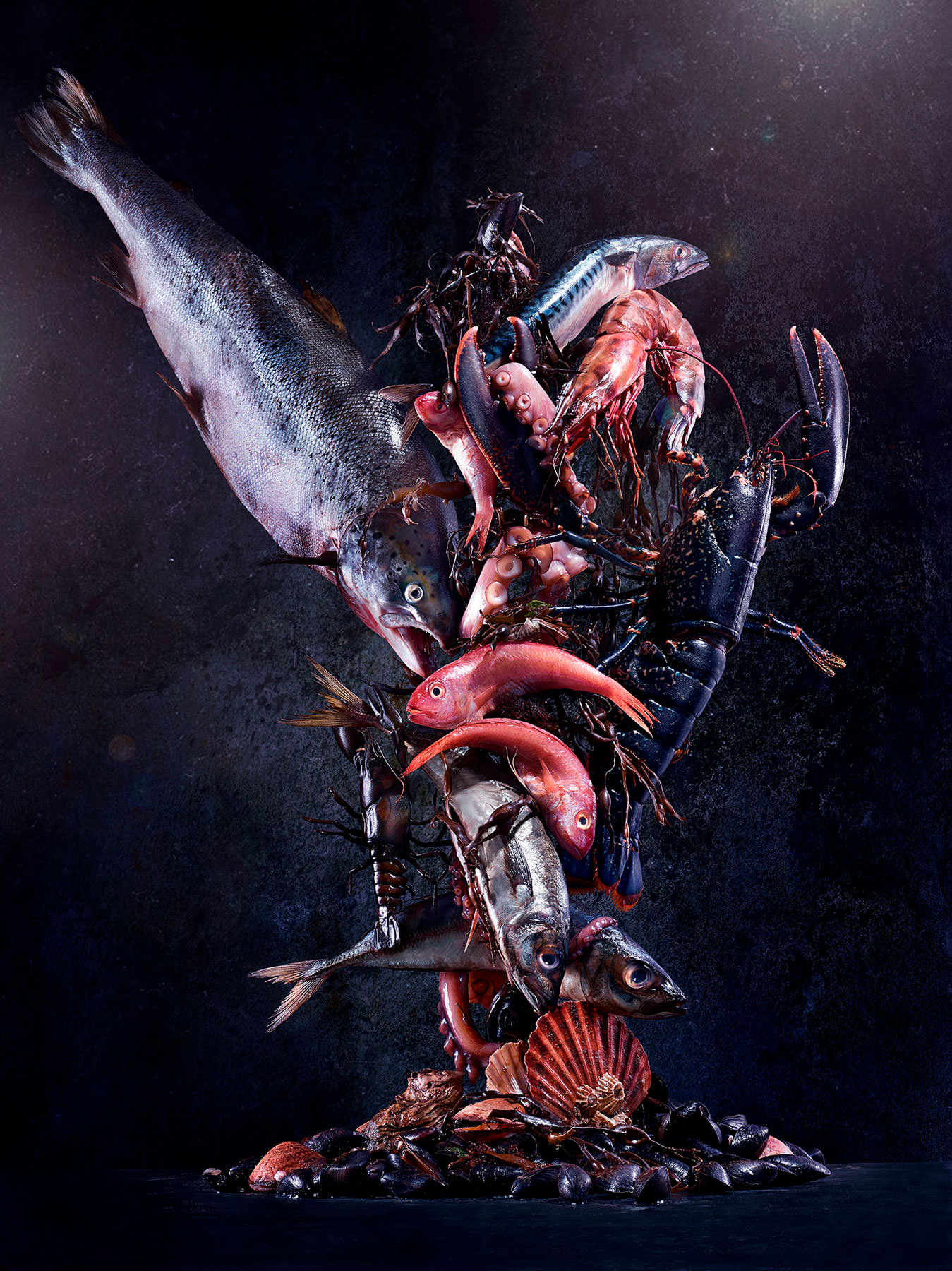 sculpture made of seafood on a black dark backdrop - London Food & Drinks Photographer