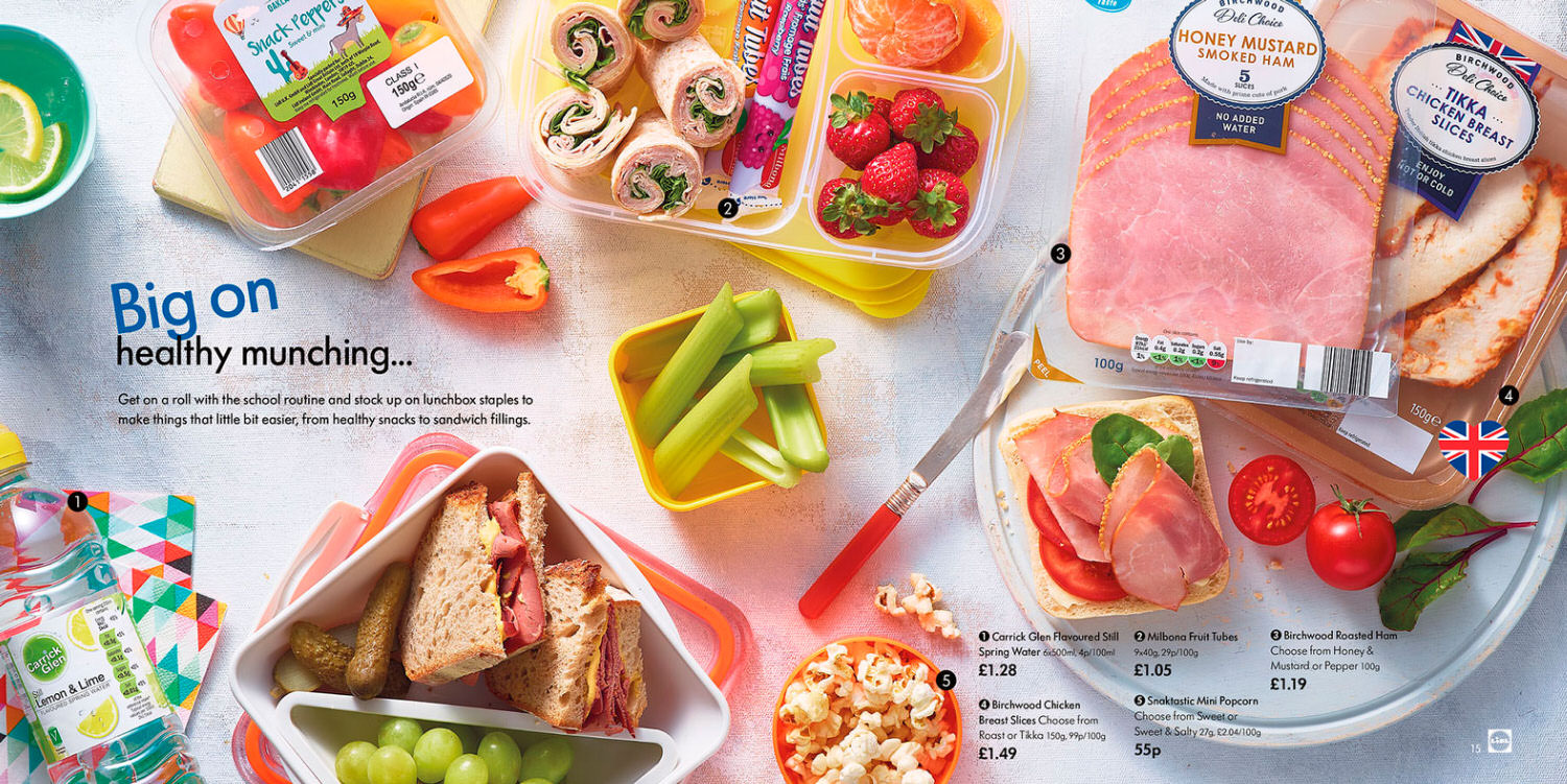 Back to school lunch ideas with ham and chicken slices, fruit pouches and healthy snacks