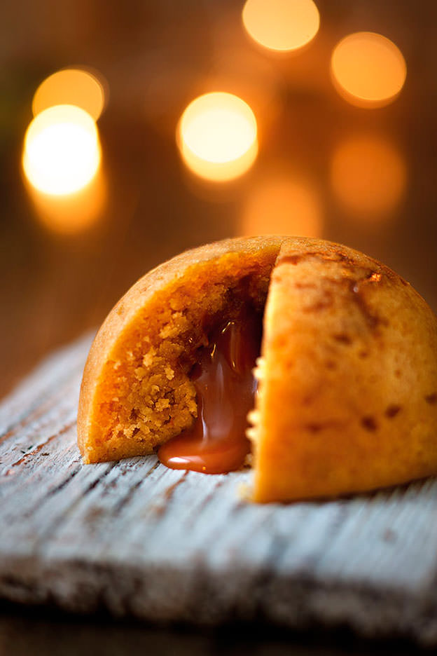 Toffee Bombe Pudding with oozing toffee centre with fairy lights in background -  London Food & Drinks Photographer