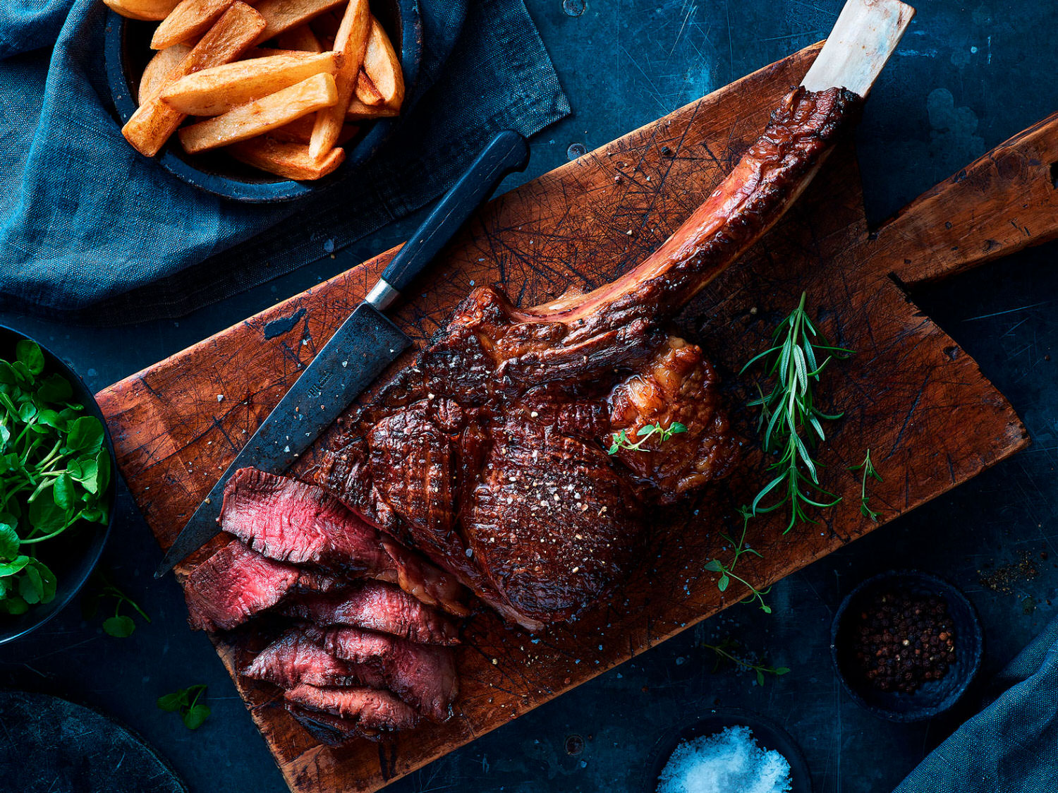 Cooked Wagyu Tomahawk Steak - medium rare served with chips - London Food & Drinks Photographer